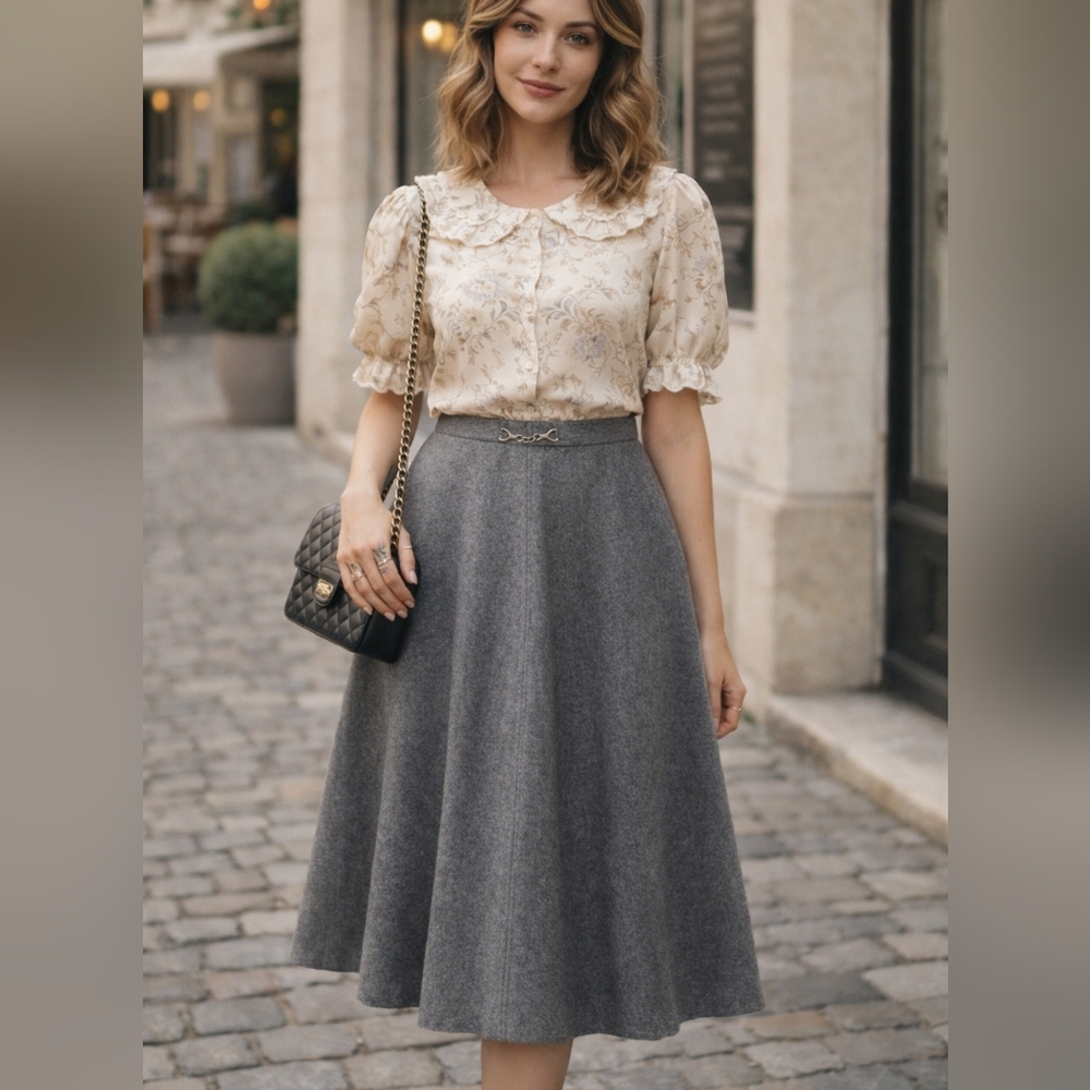 SEARS💞VINTAGE Gray A-Line Wool MidiSkirt HORSESHOE EMBELLISHMENT Sx S 26" Waist